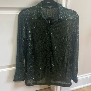 NWT Festive green sequins on a sheer button down from Express, size small